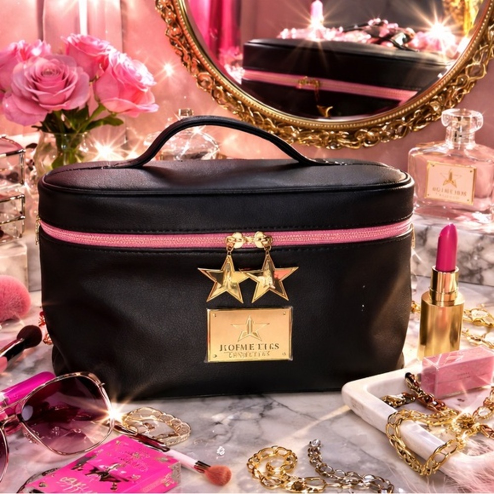 Jeffree Star Cosmetics Black Train Case Y2K Glam Makeup Bag Pink Gold Star
